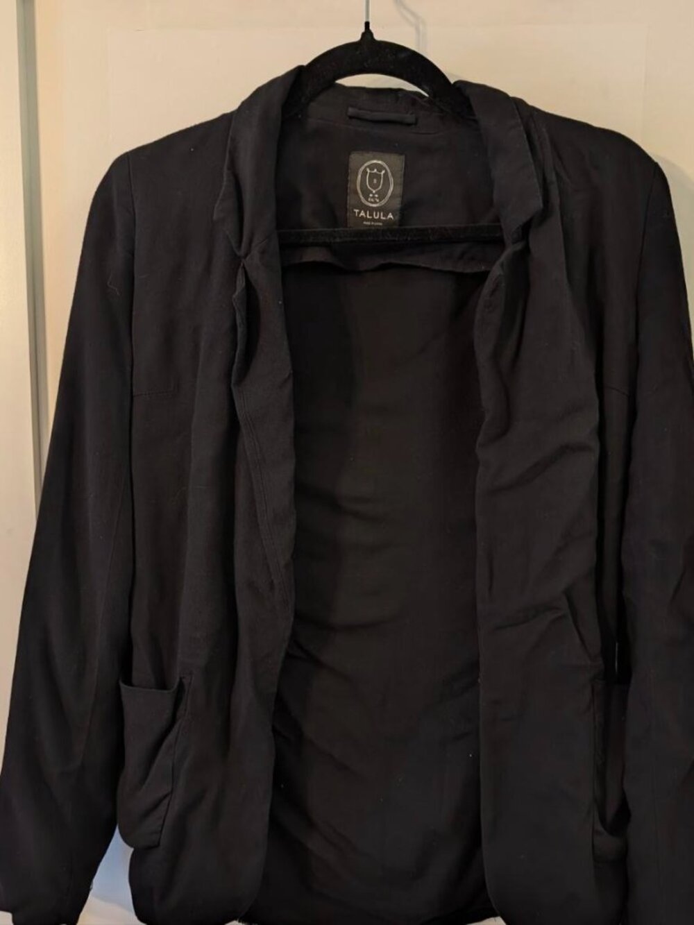 Aritzia Talula Black Open Front Draped Soft Blazer Cardigan Jacket Size 2